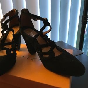 Black suede Earthies heels